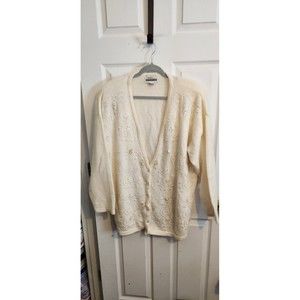 Vintage Linda Karen Womens Ivory Embellished LambsWool Angora Blend Cardigan M